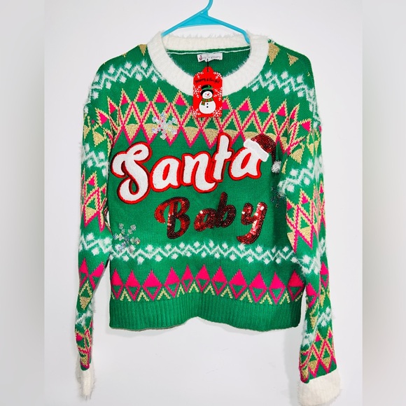 Jolly Santa Baby" ugly Green Knit Christmas sweater for women size Medium - Picture 3 of 3